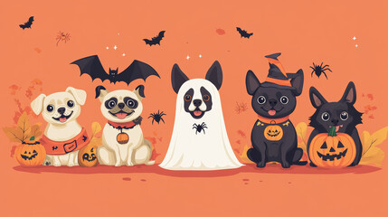 Happy Halloween! This cute collection features dogs dressed up in fun Halloween costumes like ghosts, bats, pumpkins, and spiders.  Perfect for decorations, prints, and covers!