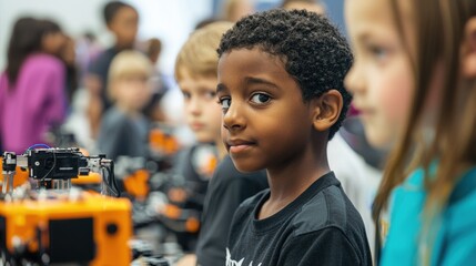 Young African Boy Focused on Schoolwork in Classroom with Technology