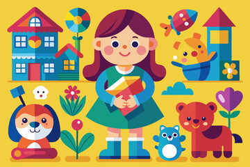  A  Girl with different toys VECTOR ILLUSTRATION