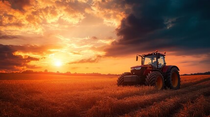 Fototapeta premium A tractor in a golden field at sunset, symbolizing agricultural productivity and rural life.