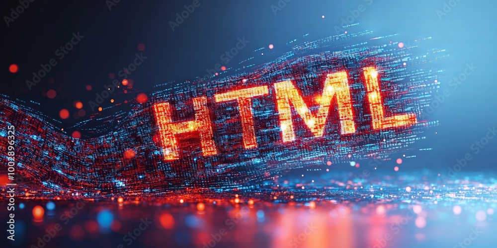 Poster Glowing HTML text surrounded by data fragments, symbolizing web development, digital technology, and the vibrant world of programming and internet coding., Generative AI