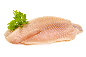 Tilapia fish fillet, isolated on white background
