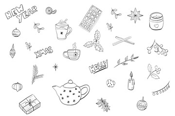 Hand-Drawn Christmas Doodle Set. Festive Black and White Holiday Illustrations