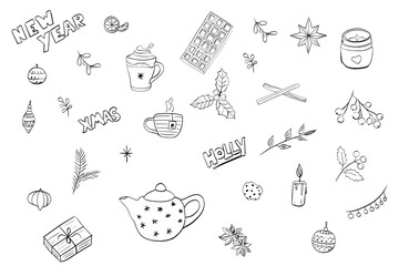 Hand-Drawn Christmas Doodle Set. Festive Black and White Holiday Illustrations