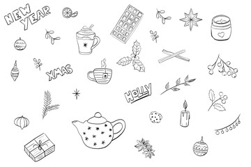 Hand-Drawn Christmas Doodle Set. Festive Black and White Holiday Illustrations