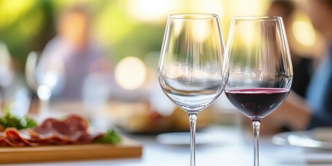 A table with red wine glasses, charcuterie board, and people having dinner at an upscale restaurant on blur background