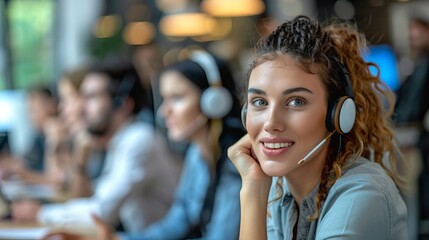 Fototapeta premium cheerful woman with headphones, smiling while working at a customer service desk in a modern office environment.