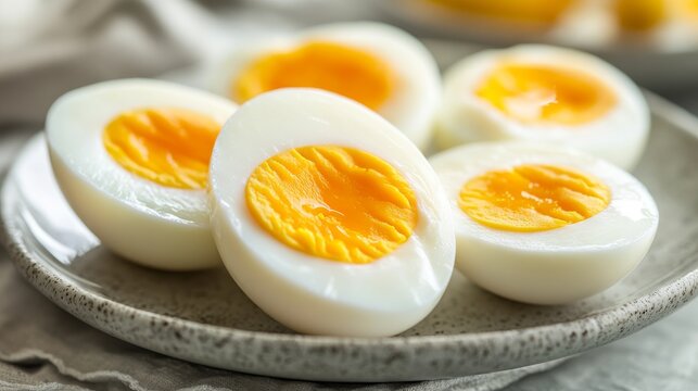 Huevos duros perfectamente cocidos y cortados a la mitad, con una yema amarilla brillante, ideales para ensaladas o aperitivos.