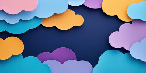 Obraz premium A colorful drawing of clouds with a blue background. The clouds are in various shades of blue, purple, and orange
