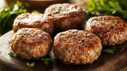 Jugosas hamburguesas de carne molida cocinadas a la parrilla, servidas en una tabla de madera, listas para degustar.