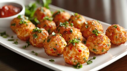 Pequeñas bolas de patata fritas y crujientes, adornadas con hierbas frescas y servidas con una salsa de tomate al lado.
