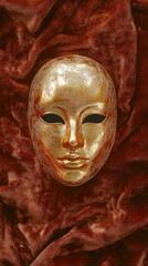 Show an aerial view of a golden mask on velvet, evoke mystery and opulence Blend gold tones with luxurious textures, alluring and enigmatic