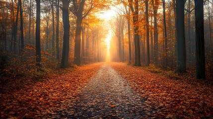 Bright landscape of a road across auttumn forest with fallen orange and yellow leafs