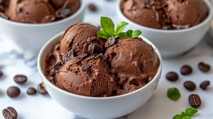  Delicioso helado de chocolate decorado con granos de café y hojas de menta. Un postre perfecto para los amantes del chocolate y el café.