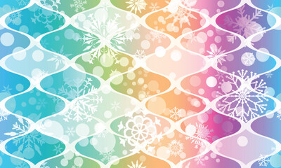 Vector seamless geometric rainbow pattern of shapes with snowflakes.