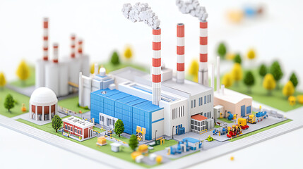 Obraz premium Miniature isometric 3D model of a nuclear power plant with cooling towers, white background, Power plant isometric 3d model white background miniature, atomic infrastructure