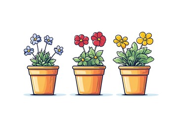 Three potted plants with different colored flowers