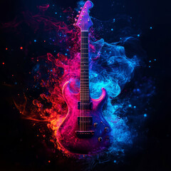 Fototapeta premium A vibrant electric guitar surrounded by swirling smoke and vivid colors in a dark fantasy setting