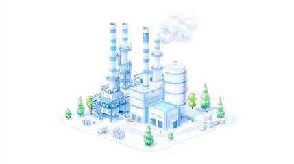 Fototapeta premium Isometric 3D model of a futuristic city power plant, clean white background, miniature format, Power plant isometric 3d model white background miniature, urban energy solution