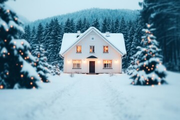 A cozy winter house surrounded by snow and decorated trees.