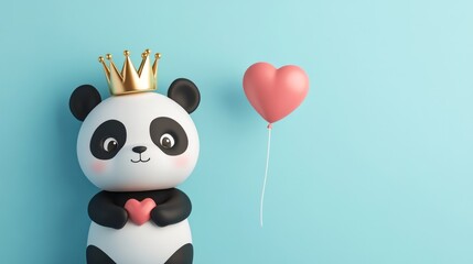 Fototapeta premium Cute panda wearing a crown holding a heart with a pink heart balloon on a blue background.