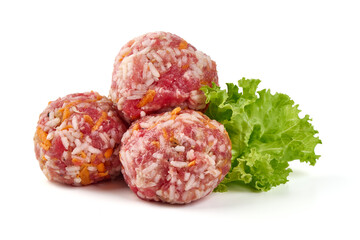 Raw pork meatballs, isolated on white background