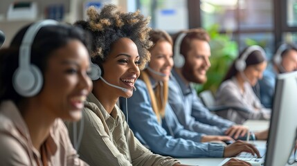 diverse group of call center agents engaged in a team meeting, wearing headsets and using computers, showcasing collaboration.