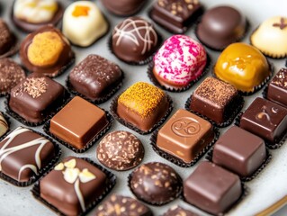 Assorted gourmet chocolates in various shapes, colors, and decorations on a tray.