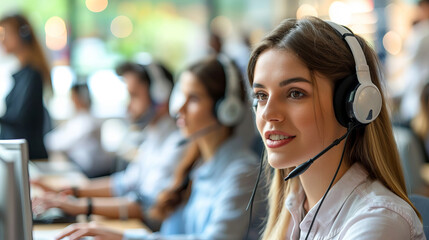 call center agent provides exceptional customer service, wearing a headset and working on her computer.