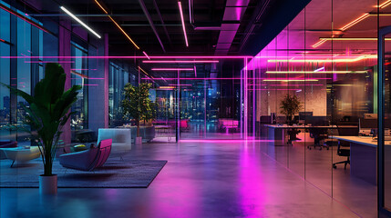 Tech-Enhanced Neon Office with Cyberpunk Vibes Strategic Corporate Space for Finance, Operations, and Marketing. Generative AI