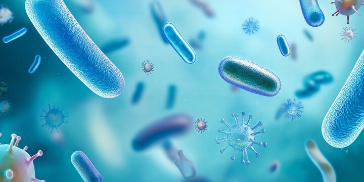 Microscopic view of bacteria and viruses, showcasing the world of microorganisms, infection, and medical research in microbiology and healthcare technology, Generative AI