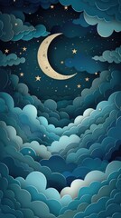 Dreamy Night Sky with Stars, Half Moon, and Clouds in Paper Art Style