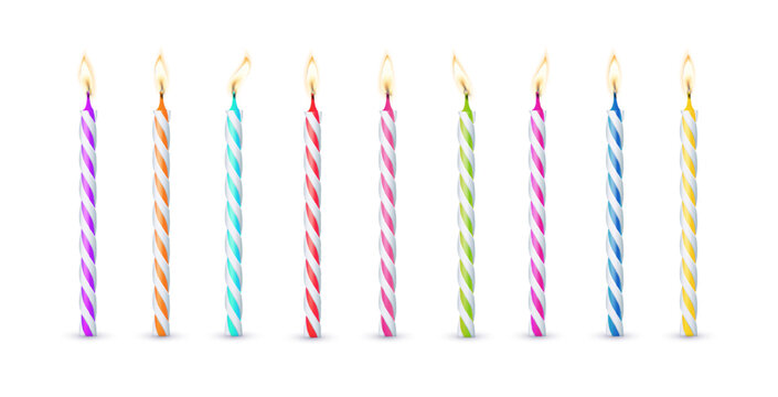 3d realistic colorful candles for birthday cake. Holiday candles with burning flames candlelight on wicks, celebration objects. Vector