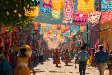 Obraz premium Colorful street festival with people in traditional attire under vibrant decorations.