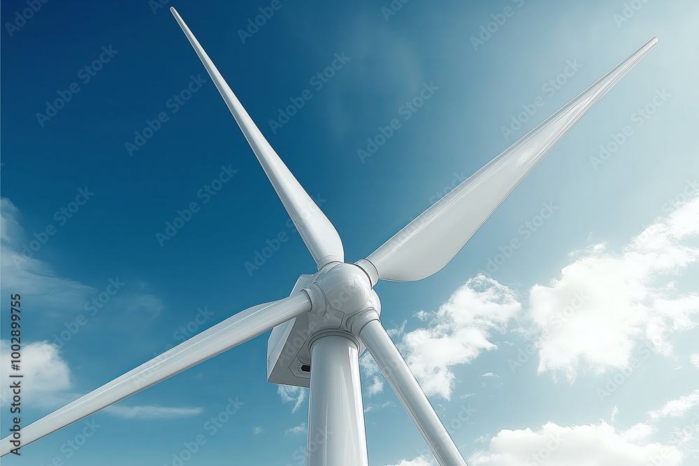 Aufkleber looking up at a towering wind turbine against a blue sky, capturing the scale and importance of rene