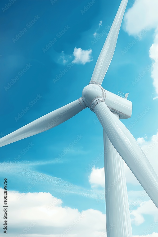 Poster Looking up at a towering wind turbine against a blue sky, capturing the scale and importance of renewable energy in a sustainable future., Generative AI