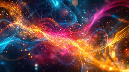 A vibrant abstract design featuring colorful swirls and glowing particles.