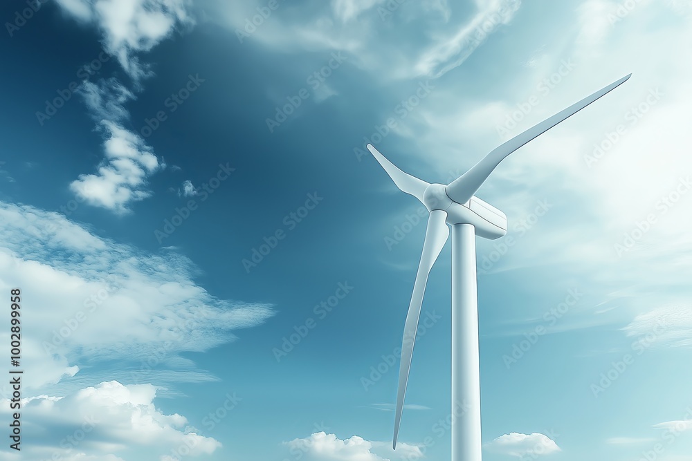 Poster looking up at a towering wind turbine against a blue sky, capturing the scale and importance of rene