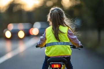 Rear view of little girl in reflective vest riding bike on road with cars behind her, road safety education concept, Generative AI
