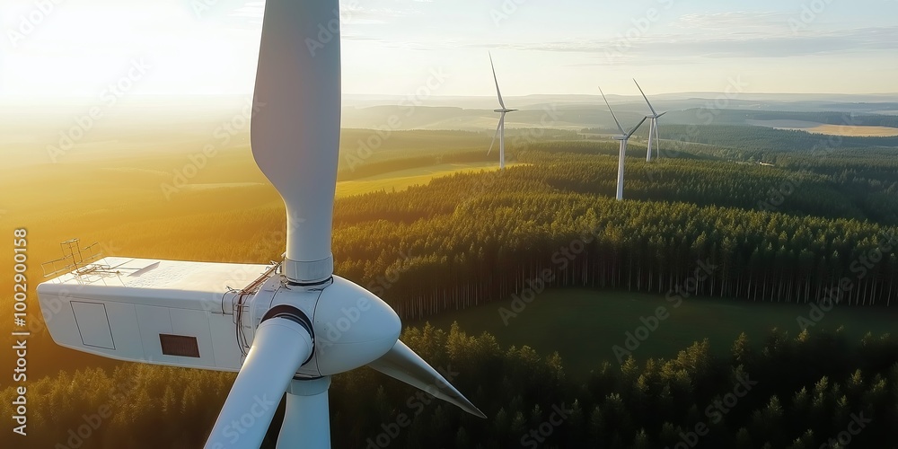 Poster wind turbine standing tall on an open field with a clear blue sky, representing renewable energy and