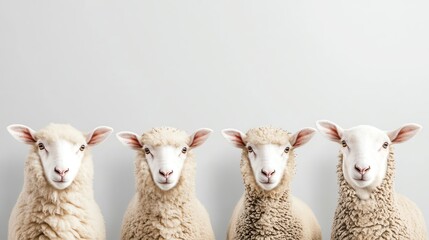 Obraz premium Four sheep standing in a row against a white background.