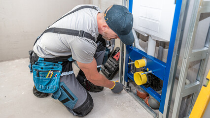 In-wall toilet system assembly. Plumber does anchoring the supporting structure to the floor.