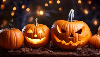 Fototapeta premium Two carved pumpkins sit on a wooden surface, illuminated with soft glowing lights. The background is enhanced with bokeh lights, creating a warm and eerie Halloween atmosphere.