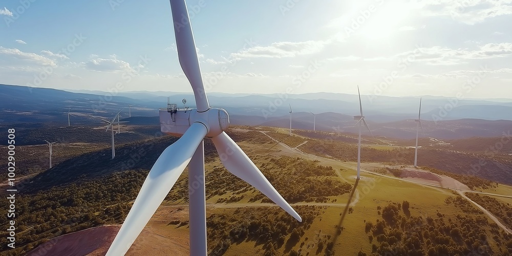 Poster wind turbine standing tall on an open field with a clear blue sky, representing renewable energy and