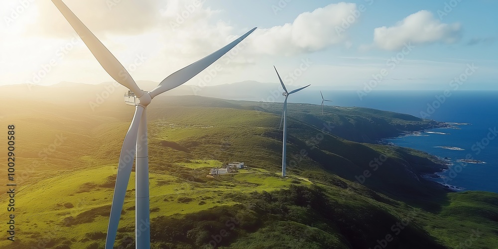 Poster wind turbine standing tall on an open field with a clear blue sky, representing renewable energy and