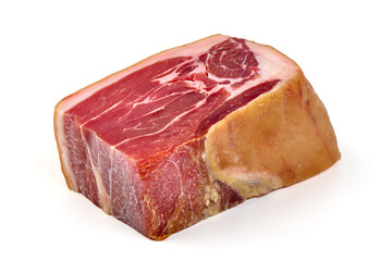 Delicious Serrano ham, cured jamon iberico, isolated on white background