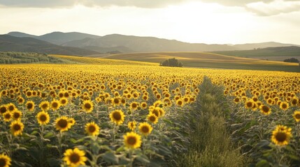 Obraz premium Golden Sunflower Field at Sunset with Rolling Hills