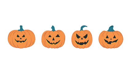 Halloween monster jack lantern orange pumpkin cut out glowy scary different spooky faces set on white background. Vector flat illustration