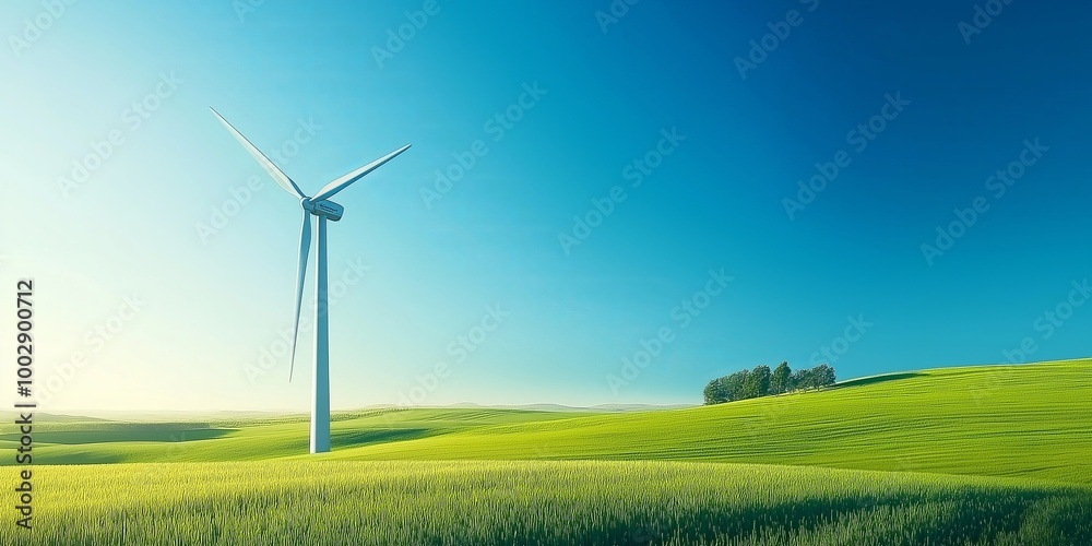 Poster wind turbine standing tall on an open field with a clear blue sky, representing renewable energy and