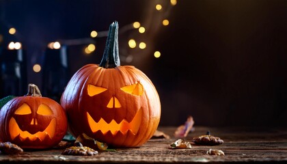 Two carved pumpkins with glowing faces rest on a wooden surface, surrounded by scattered autumn leaves. Soft string lights in the background add a warm, festive atmosphere. Copy space on the right